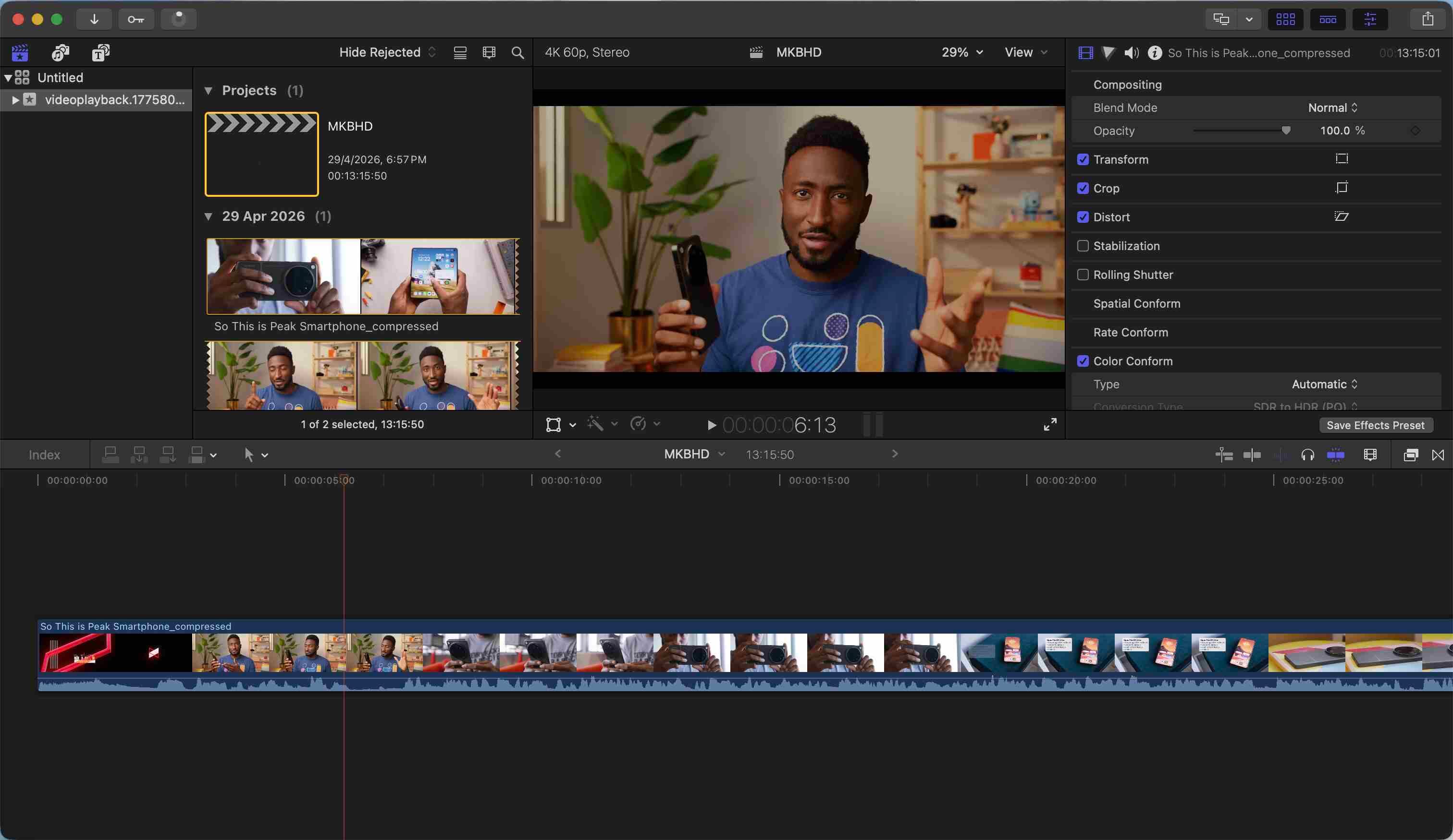 Final Cut Pro timeline with a video project open and ready to transcribe