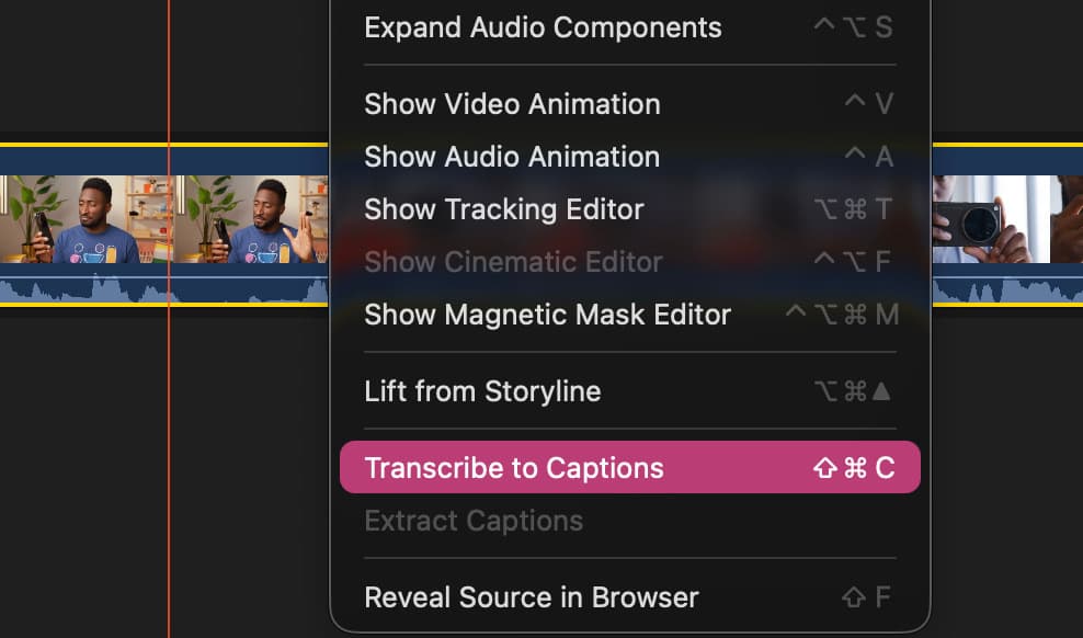 Final Cut Pro right-click context menu showing the Transcribe to Captions option with clips selected