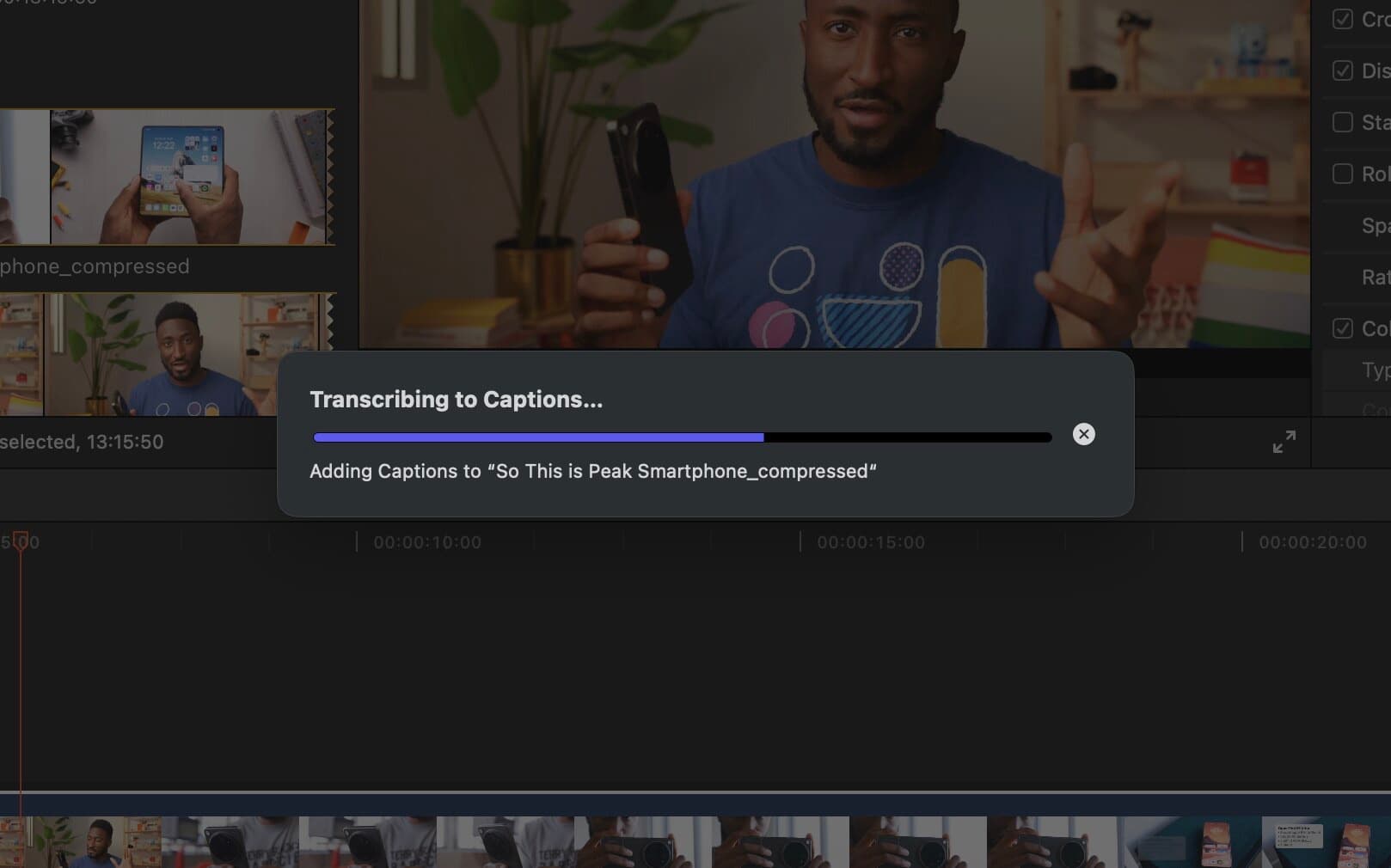 Final Cut Pro showing a progress bar while Transcribe to Captions is running
