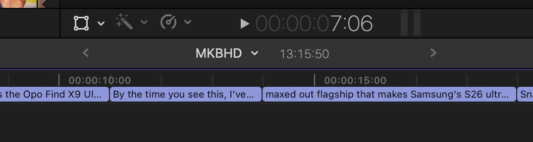 Final Cut Pro timeline with a captions lane showing auto-generated caption clips