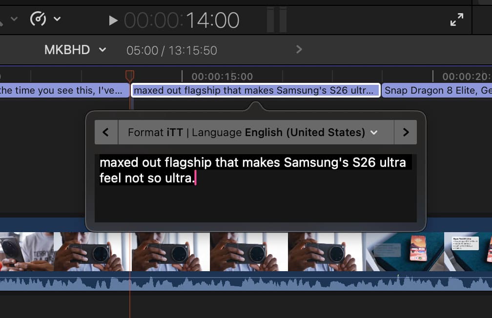 Final Cut Pro caption editor open with text being corrected