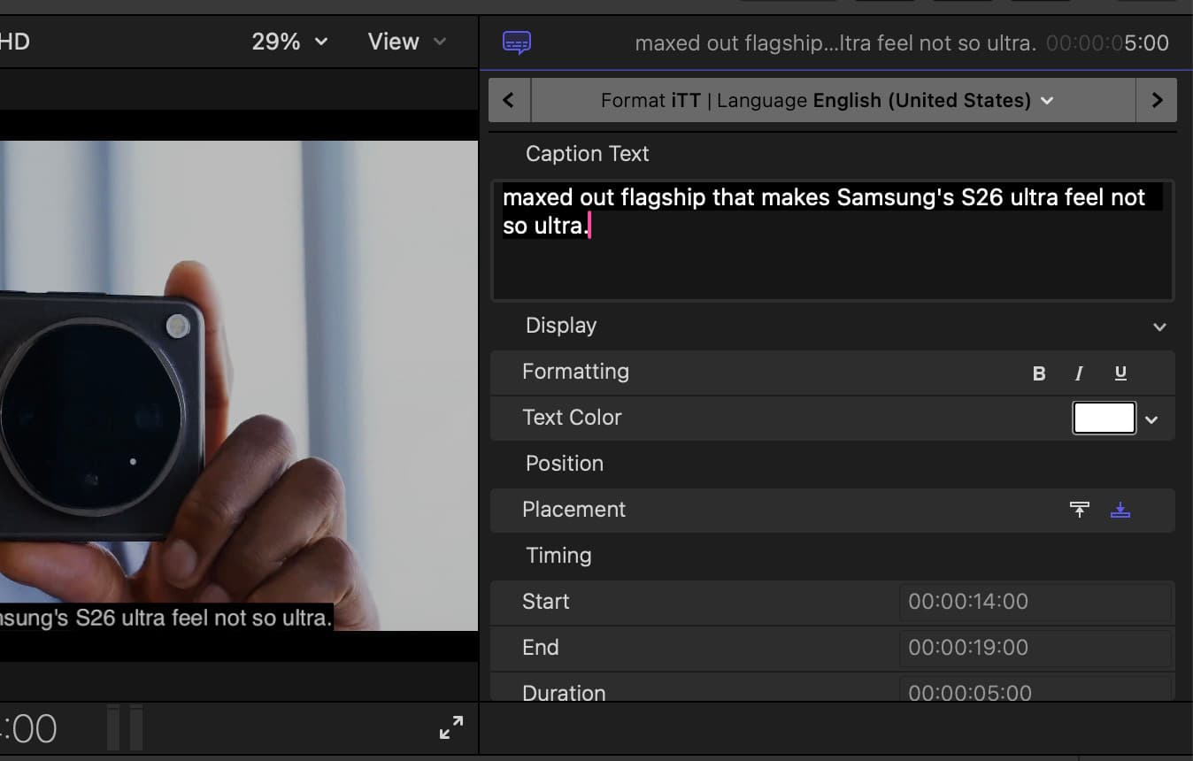 Final Cut Pro Caption inspector with font and colour styling options highlighted