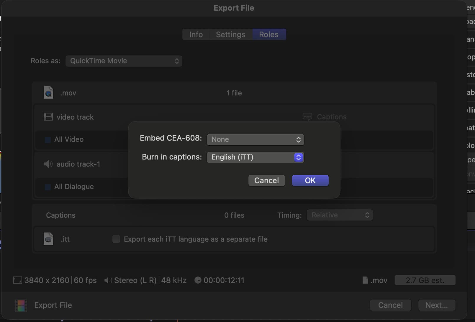 Final Cut Pro export dialog with Roles panel showing the captions track enabled
