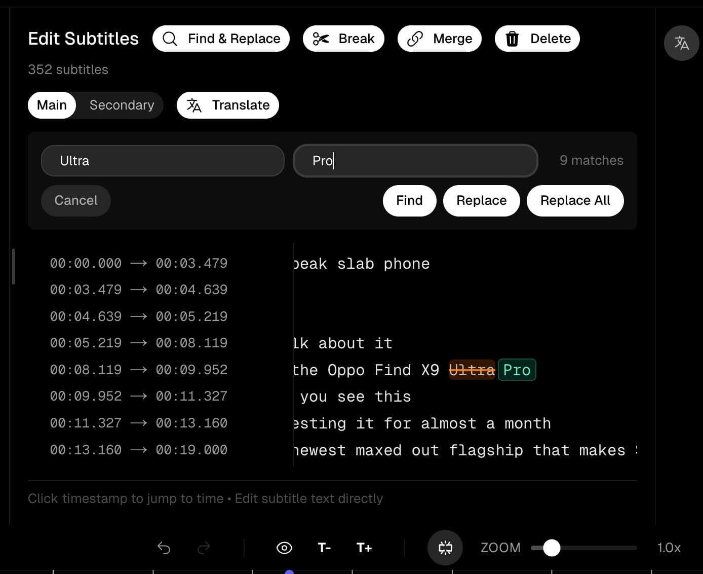 Subtitle Studio editor showing individual subtitle lines with editing controls