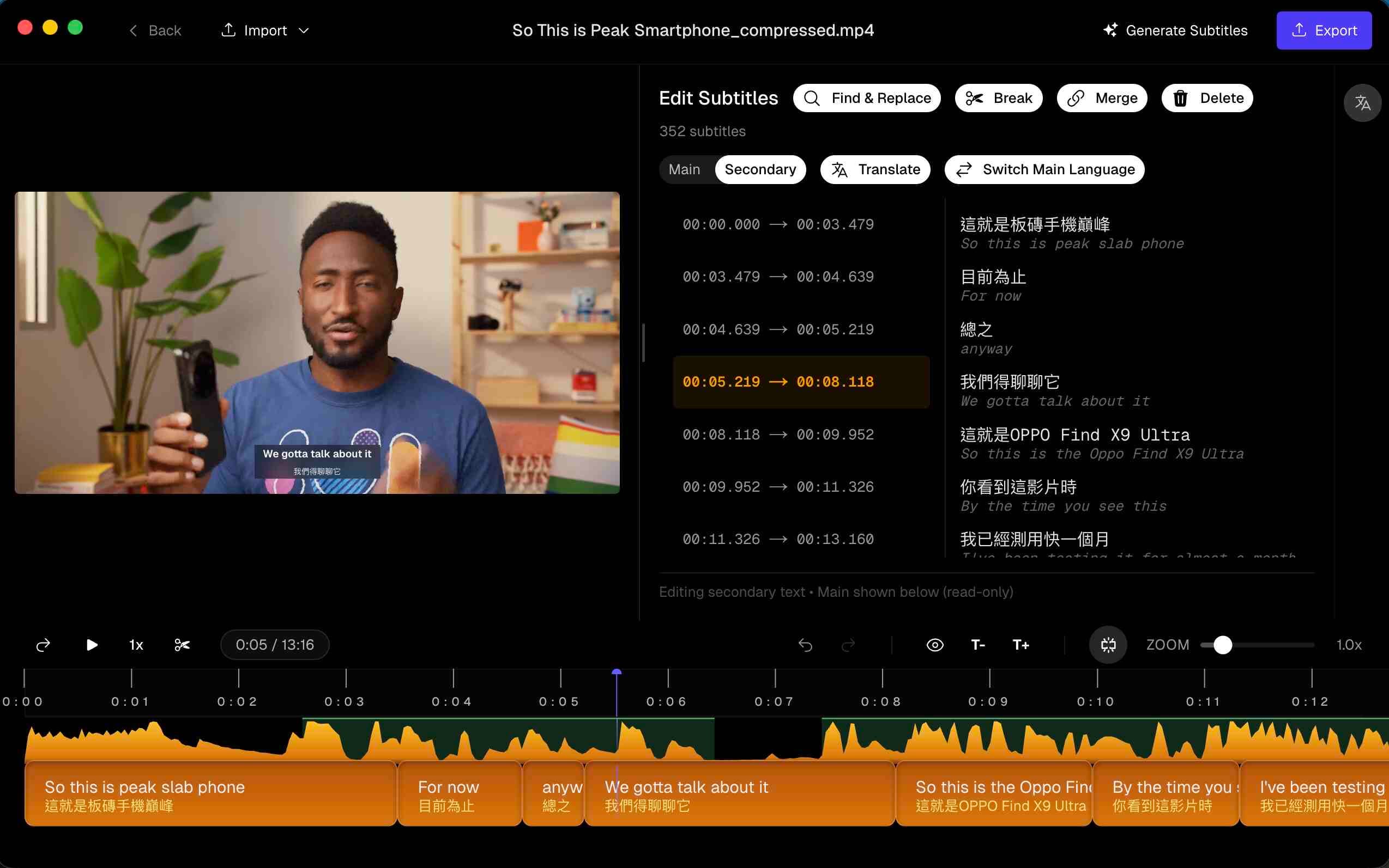 Subtitle Studio showing dual-language subtitle output with original and translated text