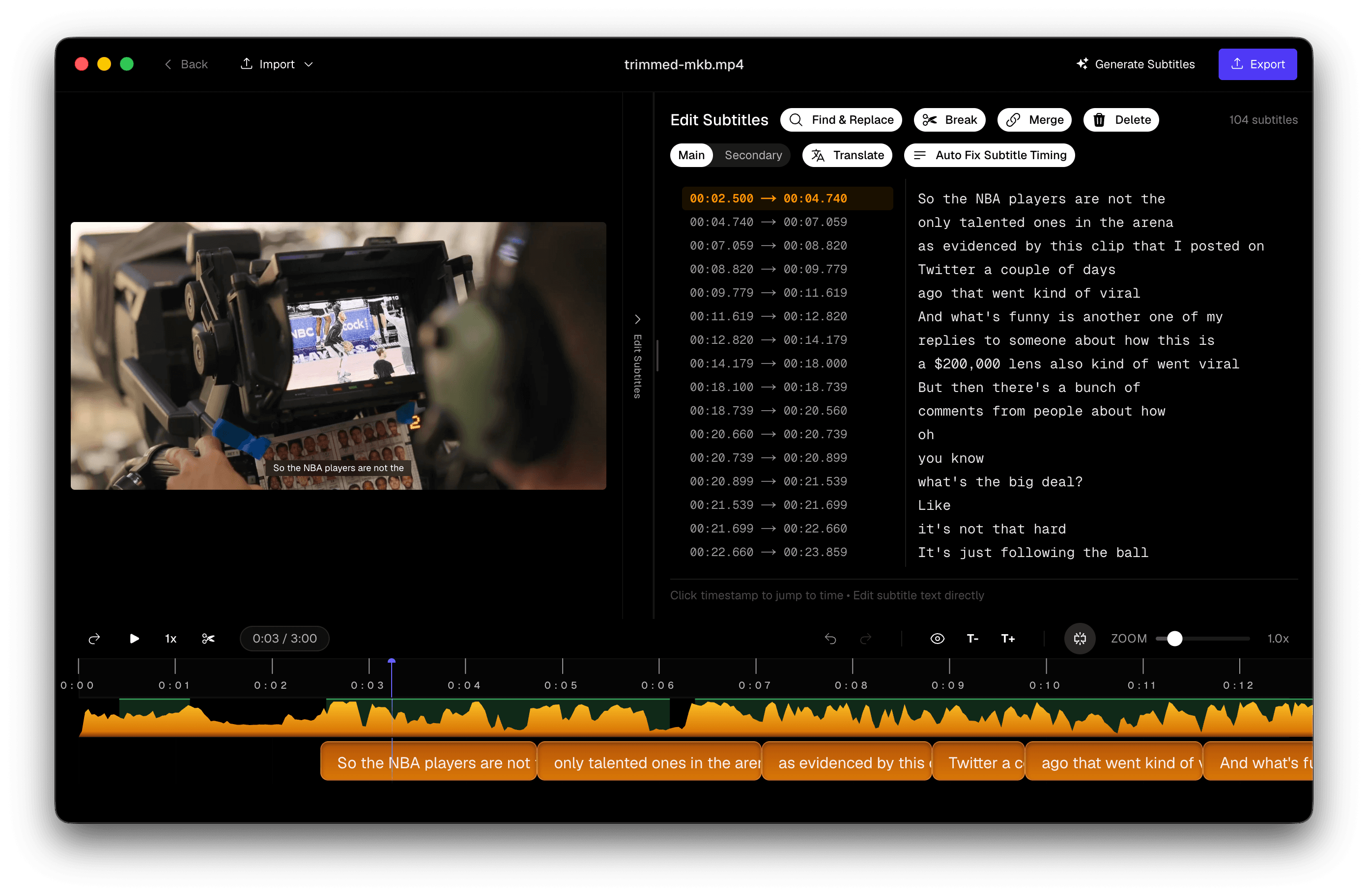 Subtitle Studio-editor med bølgeform, undertekstliste og videoforhåndsvisning synkroniseret med tale