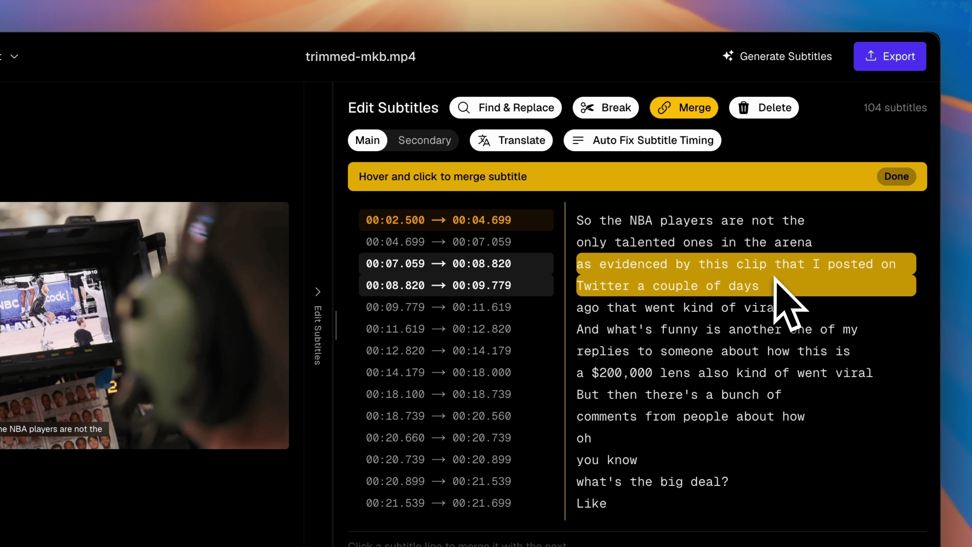 Subtitle Studio merge-værktøj der sammenføjer to korte undertekstblokke til én undertekst