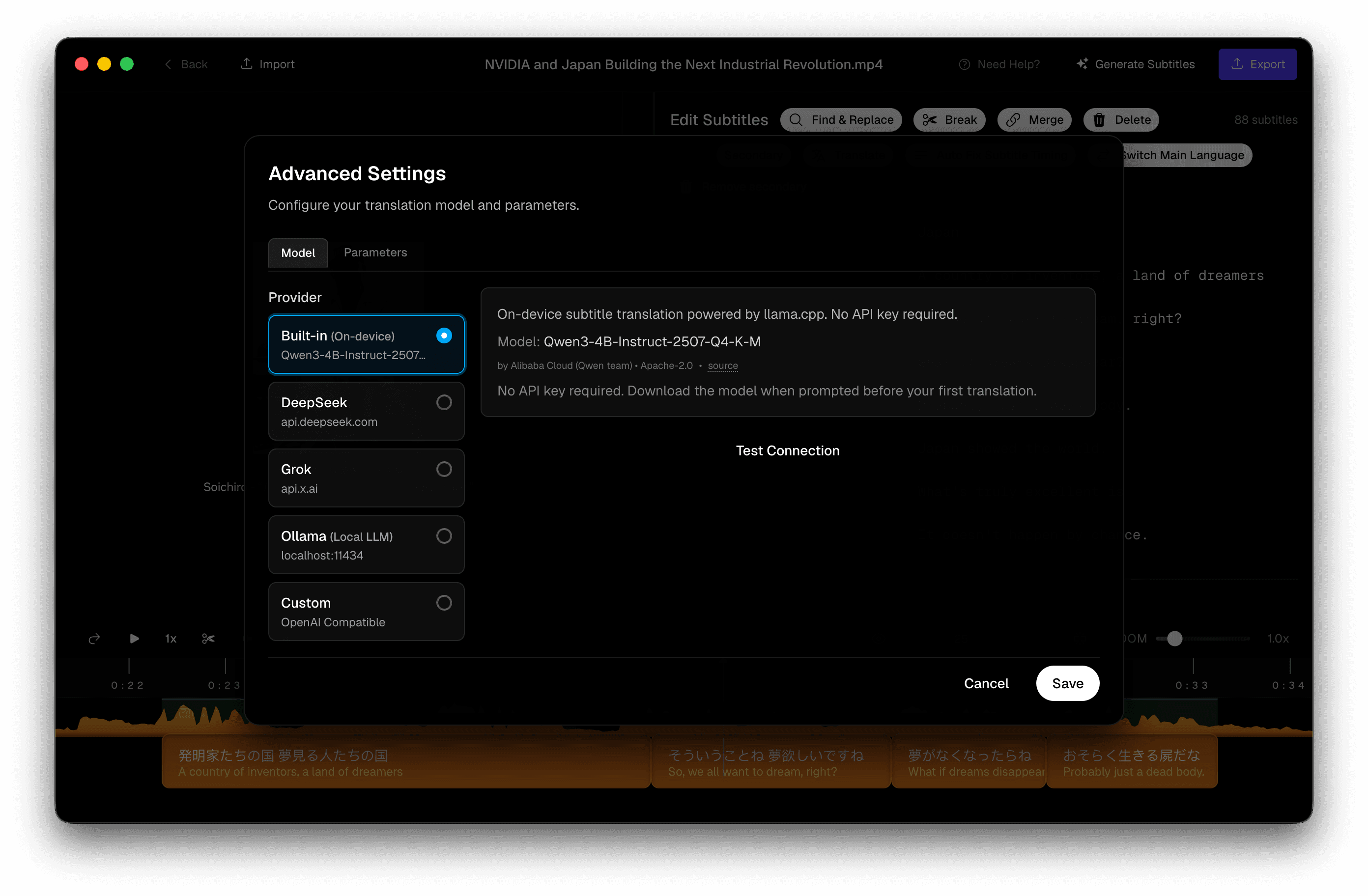 Subtitle Studio LLM-Astellungen mat Built-in (On-Device) niewent Cloud-API-Provideroptiounen