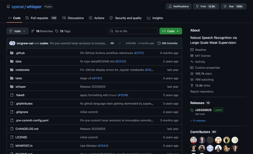 Das GitHub-Repository openai/whisper — 106.000 Sterne, aber ein reines Quellcode-Repository ohne Download-Button, ohne Installer und ohne App zum Öffnen