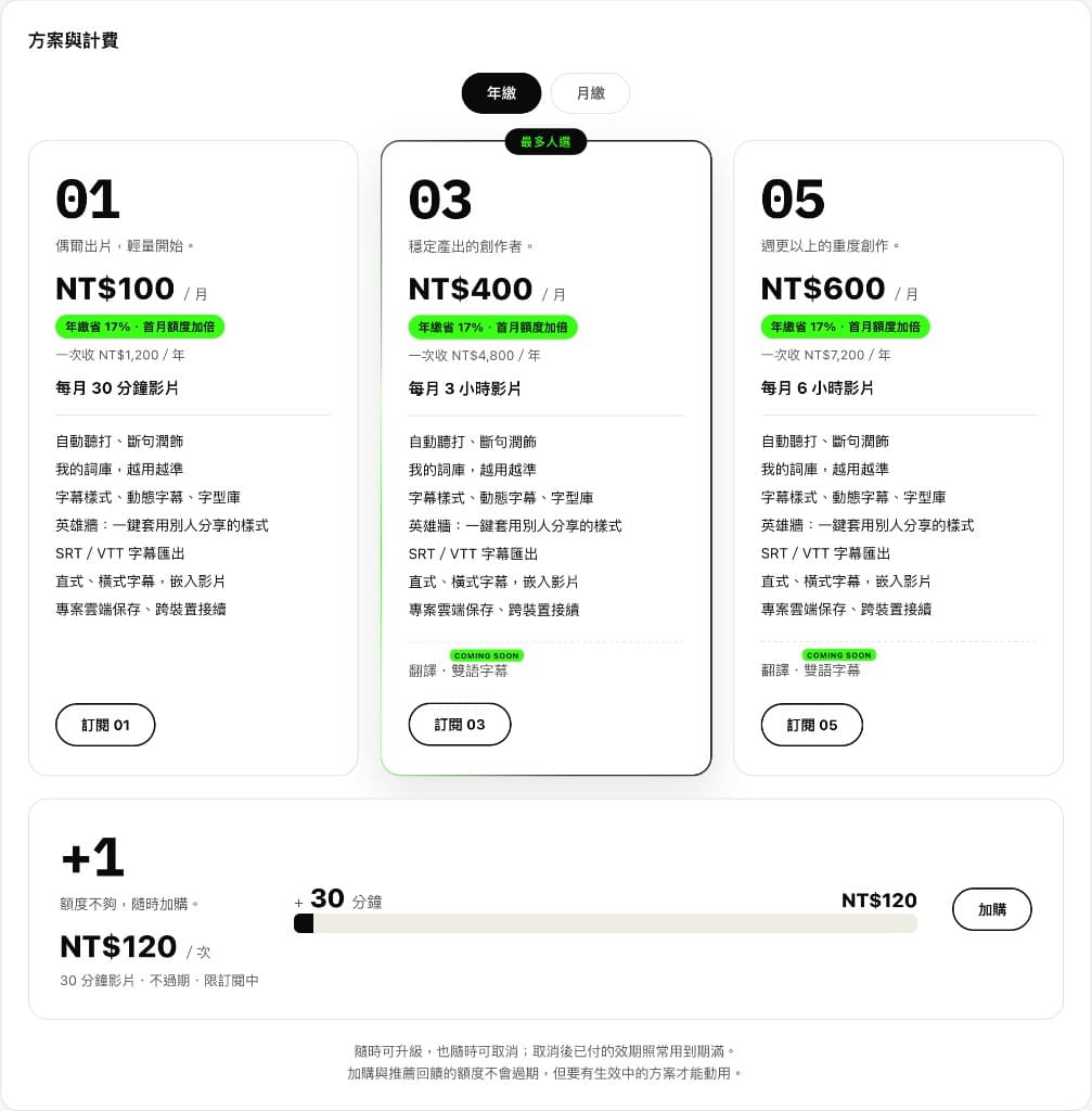 What'Sub 方案與計費頁（年繳）：01／03／05 訂閱與加購，無免費試用