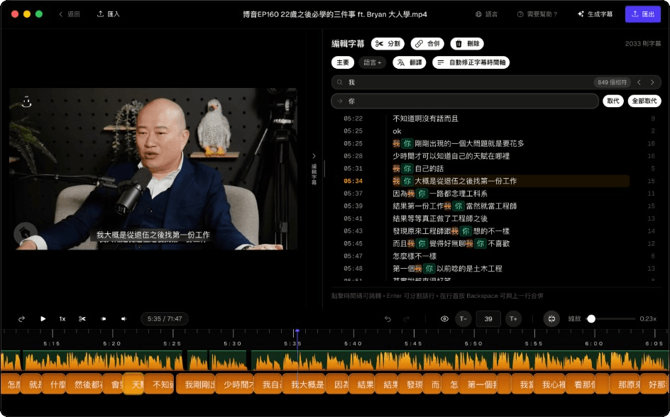 Subtitle Studio 尋找與取代：搜尋命中橘色標示、取代預覽綠色標示