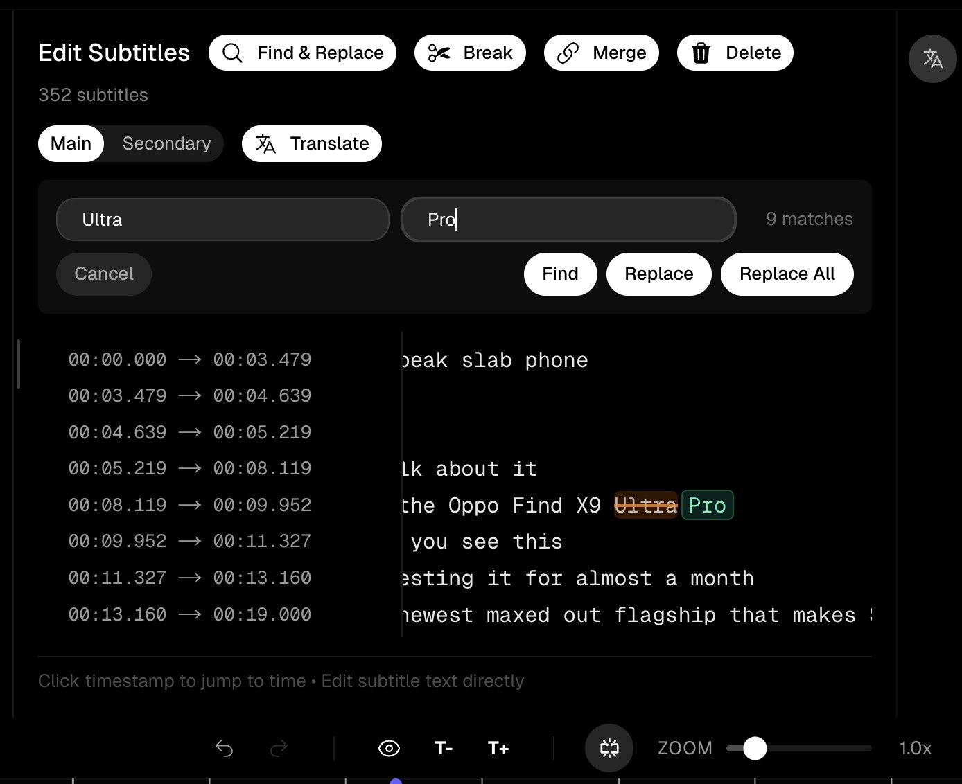 Timed subtitle cues in Subtitle Studio, ready to export as SRT for Resolve