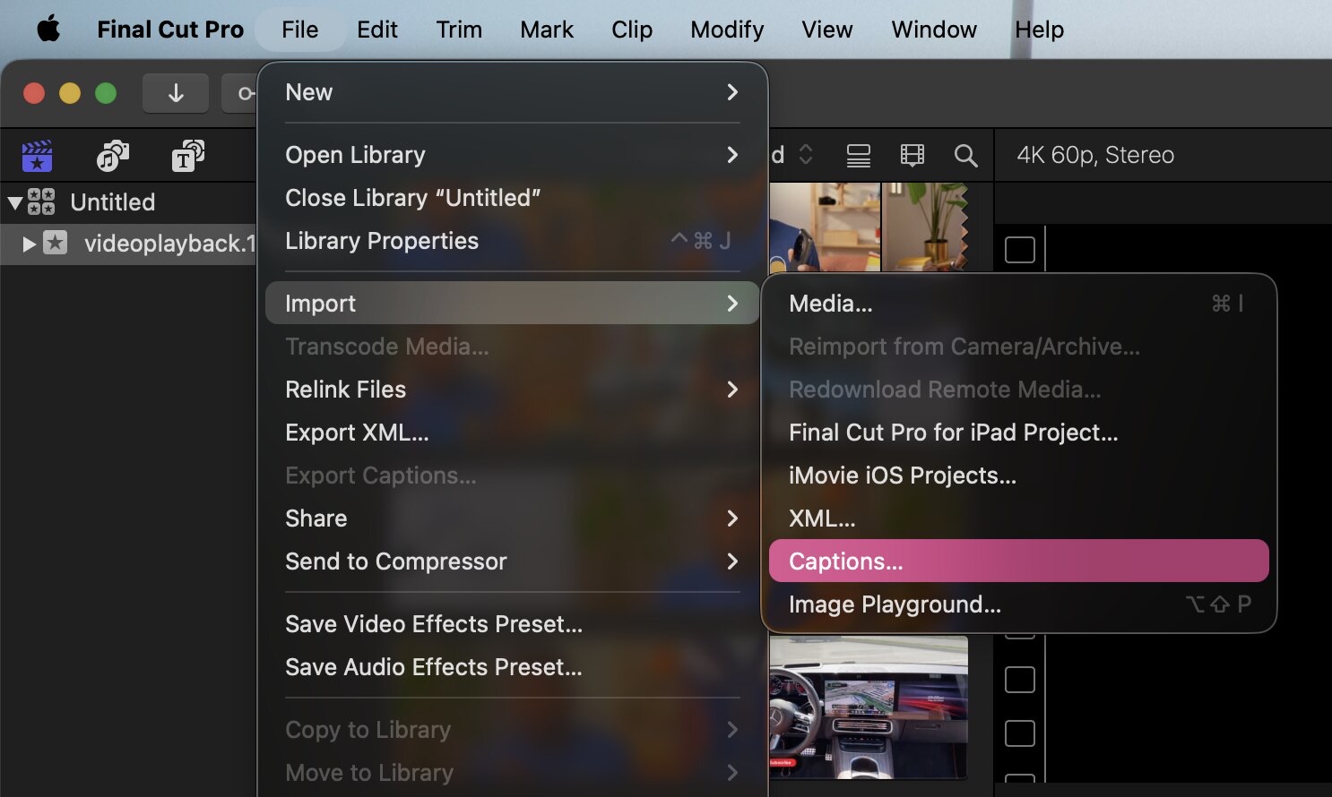 Final Cut Pro File → Import → Captions for bringing an SRT into the timeline