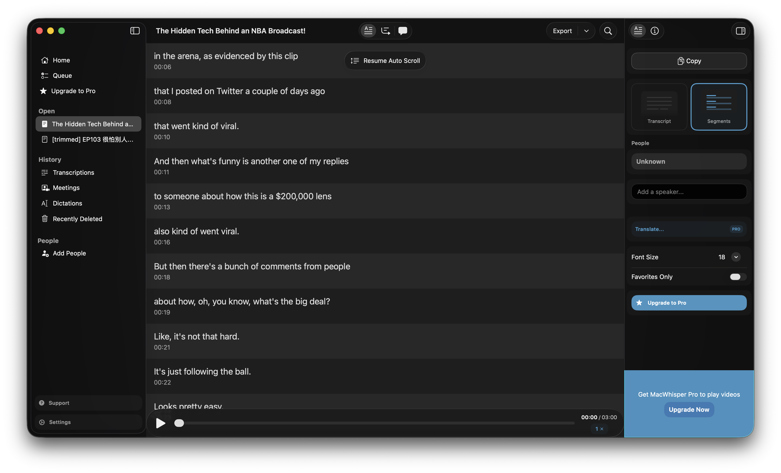 MacWhisper transcript-oriented interface after processing a video