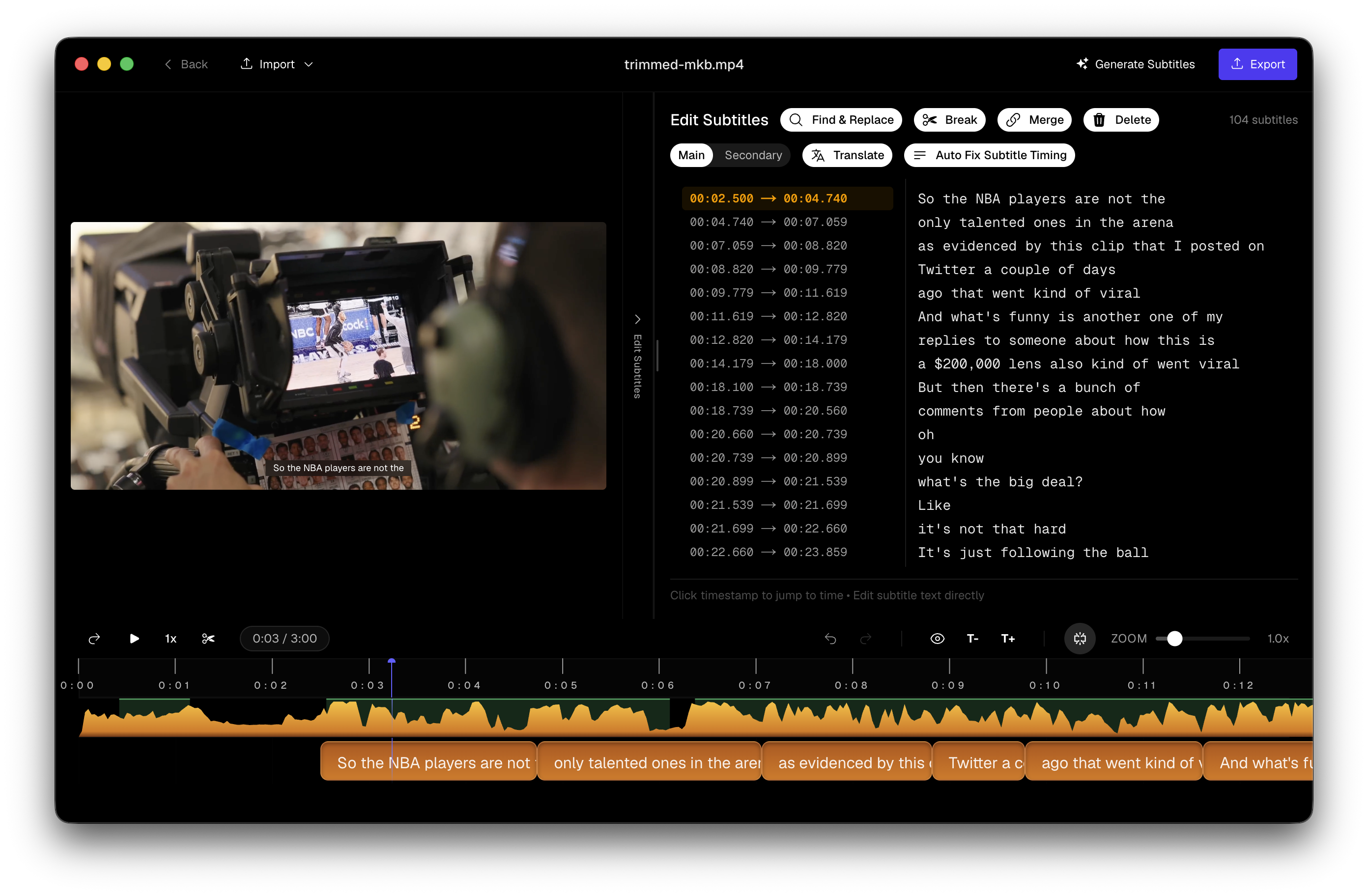 Subtitle Studio cue editor with waveform, subtitle list, and video preview