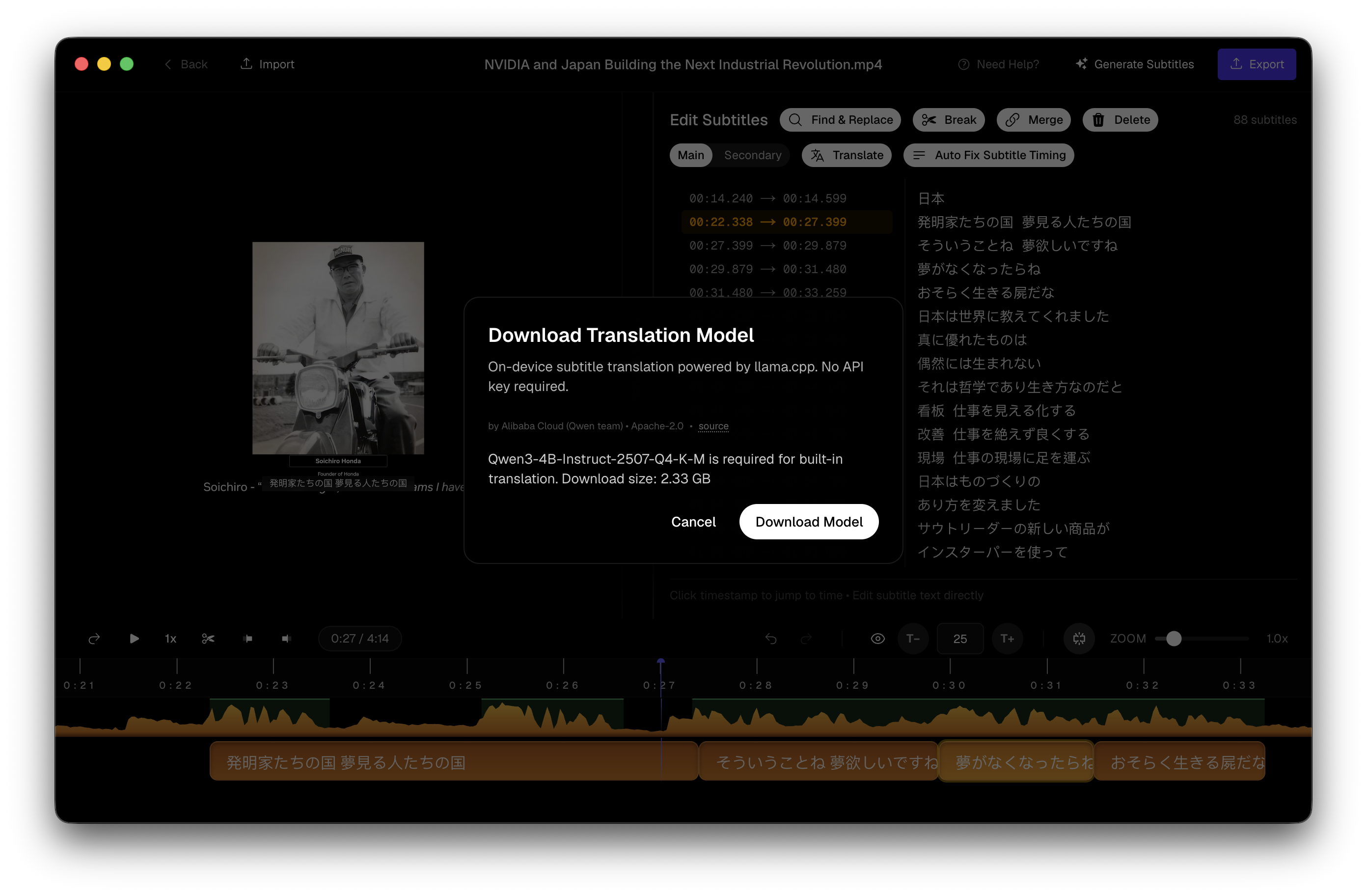 Download an on-device model once — transcription and tools then run locally