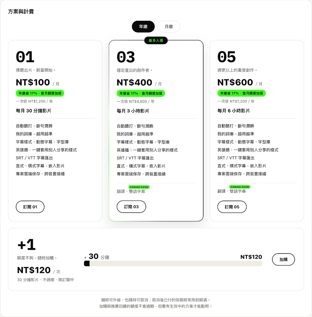 What'sub 方案與計費：訂閱分鐘制，無免費試用