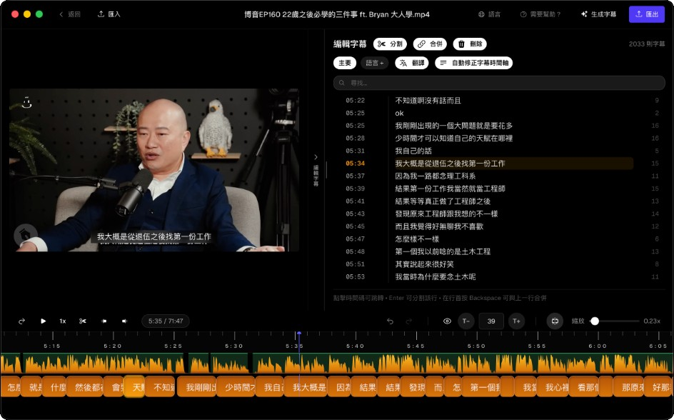 Subtitle Studio 編輯器：影片預覽、字幕列表與波形時間軸