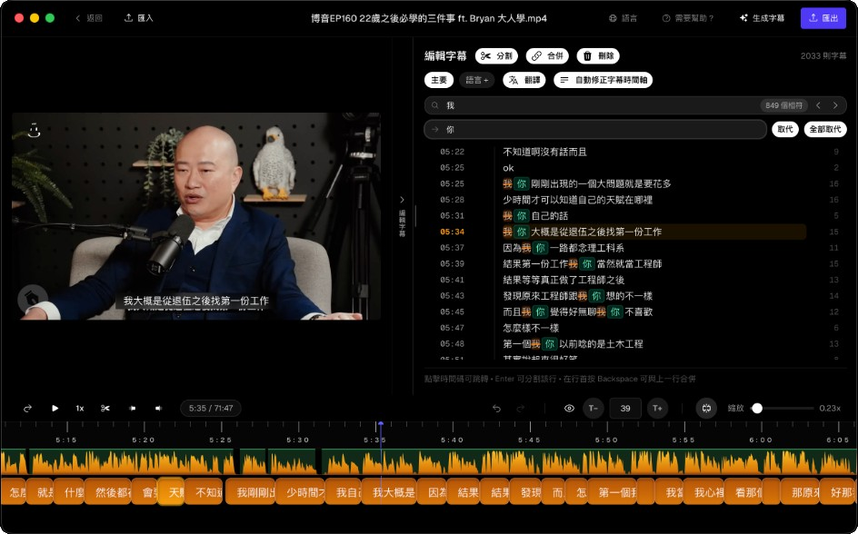 Subtitle Studio 尋找與取代：搜尋命中橘色標示、取代預覽綠色標示